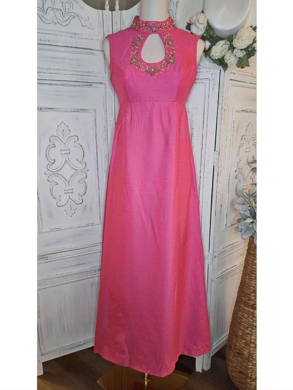 Vintage 60's-70's Magenta Pink Empire Waist Beaded Mandarim Collar Long Dress